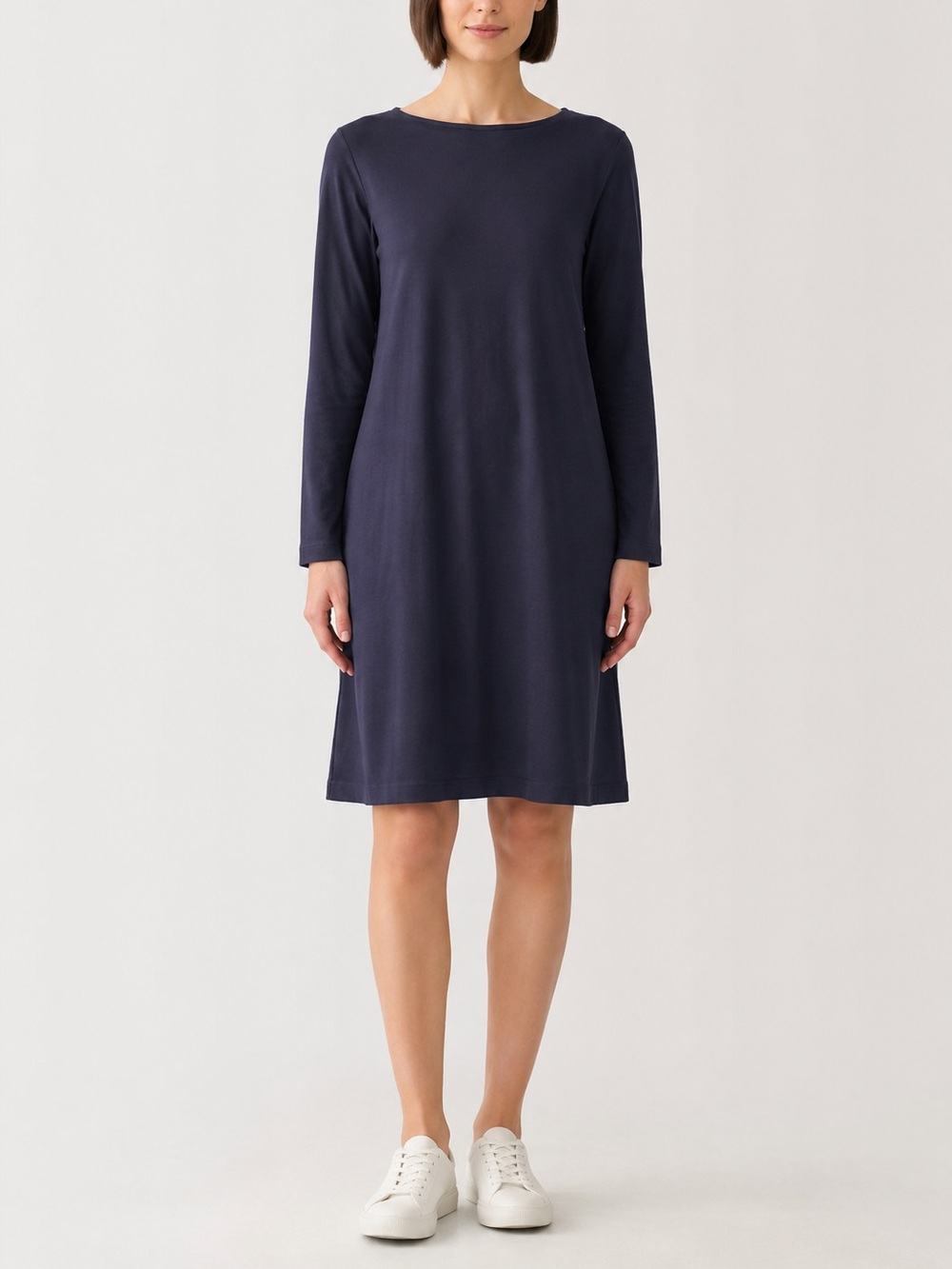 Muji Navy Blue Long Sleeve Boatneck Midi Shift Dress Size M